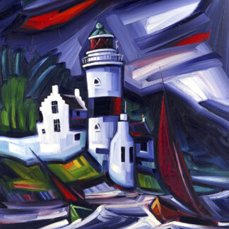 An expressionistic painting featuring a lighthouse with a red sailboat nearby, accentuated by bold, swirling brushstrokes and vibrant colors. By Raymond Murray